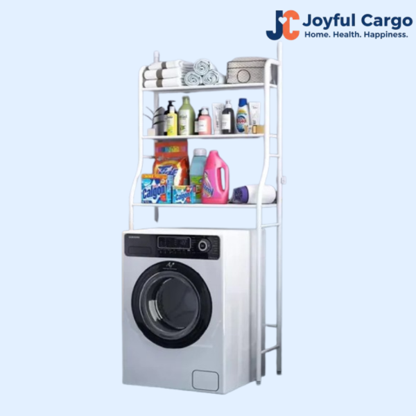 White 3-tier over toilet and washing machine storage rack with hooks for bathroom or laundry organization