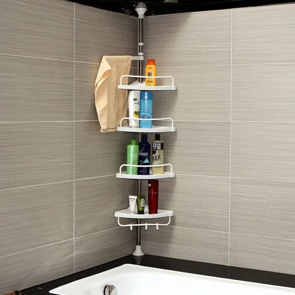 4 Tier Adjustable Telescopic Corner Shelf Organiser – Stainless Steel Bathroom Rack